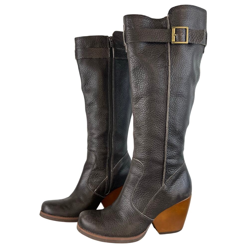 Kork-Ease Dark Gray Genuine Leather Chunky Wedge Heel Tall Boots (Sz 8)